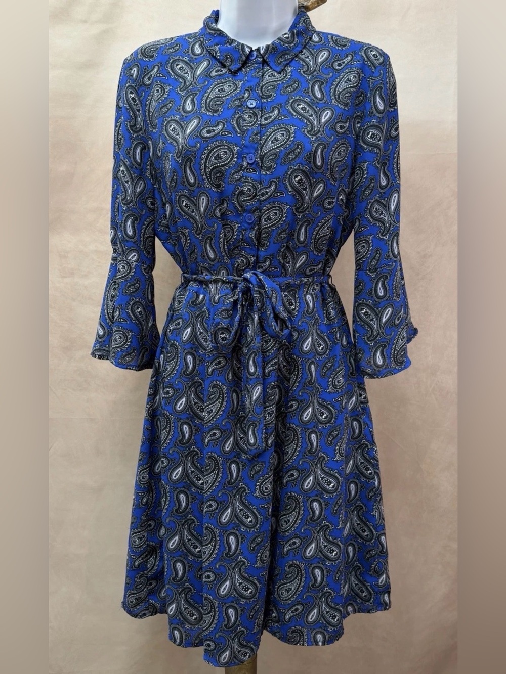 Banana Republic Petite Collar Blue, Black & White Paisley Belted Dress Size 10P